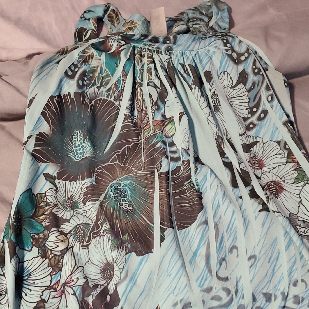 Floral Halter Dress with Blue and Brown Accents